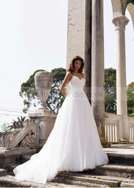 Strapless White Satin Tulle Simple Wedding Dress